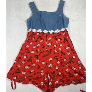 True Blue Romper Womens 7/8 Blue Red Denim Top Cherry Floral Summer Casual